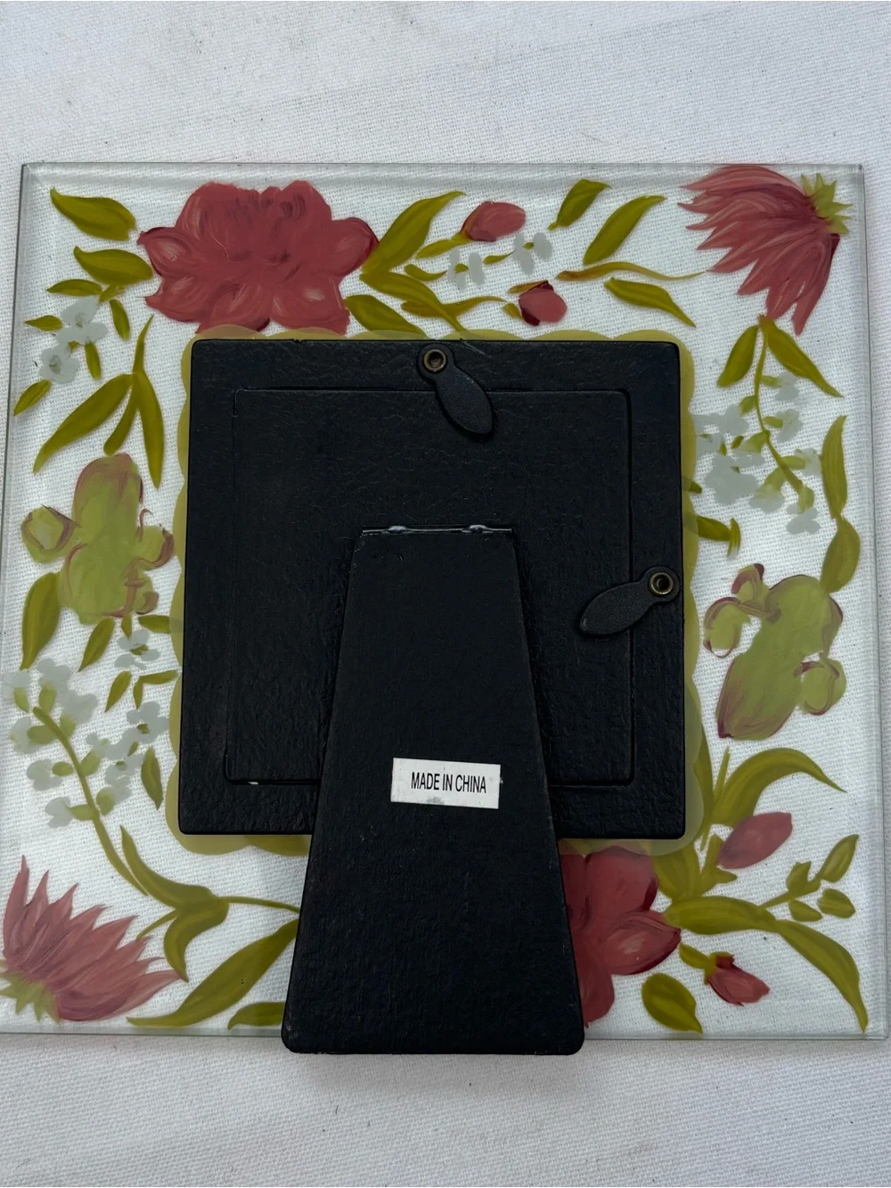 NEW Hand Painted Pink & Green Floral Picture Frame Clear Glass 7” x 7”